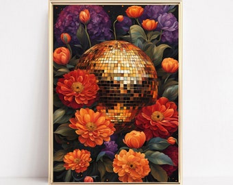 Botanical Disco Ball Wall Art Poster Vintage Floral Disco Painting Funky Disco 70s Art Print Maximalist Retro Decor Disco Downloadable Art