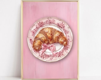 Pink Croissant With Bow Wall Art Coquette Painting Pink Croissant Print Coquette Kitchen Poster French Trendy Print Pastel Wall Aesthetic