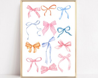 Trendy Bows Wall Art Print Watercolor Pink Bow Poster Coquette Bows Art Preppy College Apartment Decor Maximalist Girly Dorm Room Aesthetic