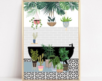 Botanical Bathtub Boho Bathroom Prints, Tropical Bath And Plants Unframed Print, Bathtub Wall Art, Hanging Macrame Eclectic Tile Bathroom