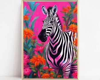 Botanical Zebra Tropical Pink Printable Floral Zebra Wall Art Colorful Animal Fashion Portrait Eclectic Funky Zebra Poster Preppy Wall Art