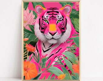 Maximalist Floral Tiger Art Print Tropical Tiger Poster Funky Wall Art Print Tiger Fashion Prints Trendy Colorful Wall Decor Printable Art