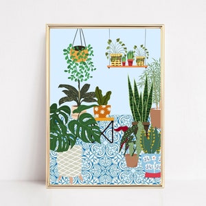 Kamerplant Art Print, plant illustratie, AFDRUKBARE WALL ART, Griekse tegels kamerplanten, boho prints, kunst aan de muur woonkamer, botanische print