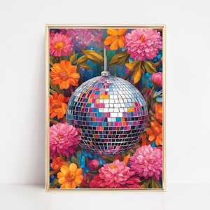Botanical Disco Ball Poster Maximalist Printable Disco Ball Art Print Colorful Retro Dopamine Art Trendy Vintage Eclectic Disco Wall Decor