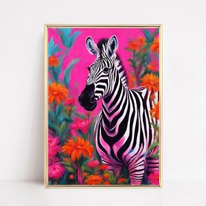 Botanisches Zebra Tropisches rosa druckbares Blumen Zebra-Wandkunst Buntes Tiermode-Portrait Eklektisches Funky Zebra-Plakat-adrette Wandkunst