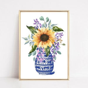 Chinoiserie Wall Art, Ginger Jar Print, DIGITAL DOWNLOAD, Sonnenblumen Druck, Blau Weiß, Floral Ginger Glas, Porzellanvase Print, Poster