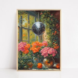70s Disco Ball In Conservatory Art Print 1970s Style Disco Ball Retro Interior Decor 70s Mirror Ball Wall Art Groovy Vintage Aesthetic
