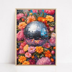 Kleurrijke discobal bloemen print discobal muur kunst jaren 70 stijl bloemen esthetiek funky retro dopamine bloemen botanische discobal poster