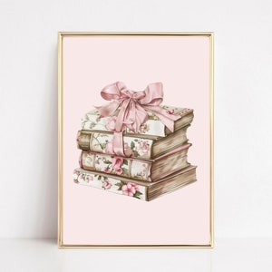 Vintage Coquette Stack Of Books Wall Art Printable Book Lover Print Stack Of Books Painting Bookish Girly Print College Apartment Aesthetic