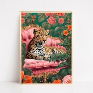 May include: A leopard relaxes on a pink velvet chaise longue surrounded by lush green foliage and vibrant pink and orange flowers. The scene is framed in a gold frame.