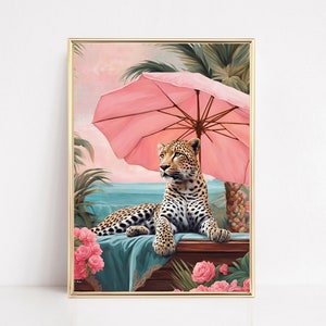 Leopard On A Beach Maximalist Art Print Leopard Wall Art Tropical Pink Beach Print Coastal Beach Art Vintage Leopard Eclectic Retro Poster