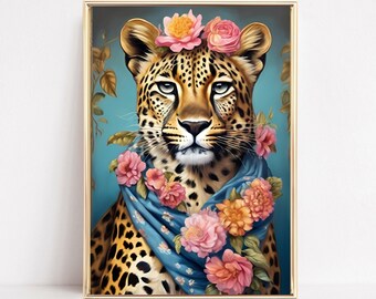 Maximalistisk Leopard Modekonsttryck Färgglatt djurporträtt Förändrad djurkonst Renässansdjur Vintagestil Blomtryck Trendig konst