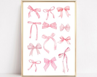 Pink Bows Wall Art Print Coquette Pink Bow Art Pink Girly Aesthetic Trendy Wall Art Preppy College Apartment Decor Coquette Dorm Art Digital