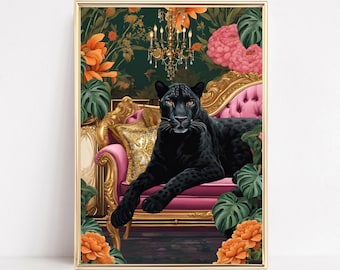 Leopard On A Sofa Maximalist Art Print Black Leopard Wall Art Black Panther Print Leopard Painting Panther Wall Art Eclectic Aesthetic Decor