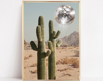 Trendig discokula, kaktus, retroökenkonsttryck, funky discoaffisch, studentrum, utskrivbar konst, 70-tals barvagn, väggkonst, studentlägenhet, estetik