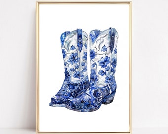 Blue Cowboy Boots Wall Art Print Coquette Bow Cowgirl Boots Print Coastal Cowgirl Western Poster Retro Cowgirl Aesthetic Chinoiserie Florals