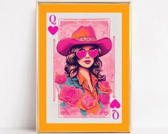 Impresión artística de dopamina de la Reina de Corazones, arte de pared con suerte, rosa y naranja, imprimible, decoración maximalista y divertida, póster retro de moda Y2K, estética para dormitorio