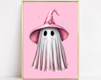 Cute Pink Ghost Art Print Pink Ghost Printable Coquette Aesthetic Pink Bow Ghost Painting Pink Halloween Poster Trendy Girly Digital Art