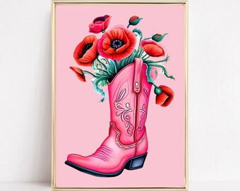 Pink Cowboy Boots Art Print Retro Western Cowgirl Art Floral Southwestern Wall Art Coastal Cowgirl Printable Pink Aesthetic Room Decor