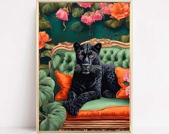 Black Panther On A Sofa Print Vintage Style Black Puma Art Maximalist Panther Print Big Cat Wall Art Tropical Leopard Poster Dopamine Decor