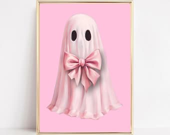 Pink Ghost Wall Art Print Pink Bow Ghost Printable Cute Ghost Painting Coquette Aesthetic Halloween Decor Preppy Trendy Girly Digital Art