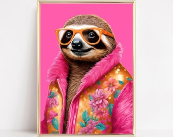Sloth Animal Fashion Art Print Funky Sloth Painting Animal Portrait Hipster Poster Maximalist Printable Art Quirky Nursery Wall Decor
