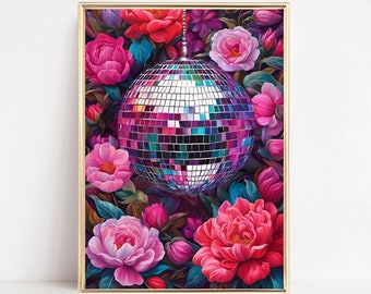Maximalist Retro Disco Ball Wall Art Print Botanical Disco Ball Poster Vintage 70s Floral Disco Prints Retro Eclectic Flower Painting