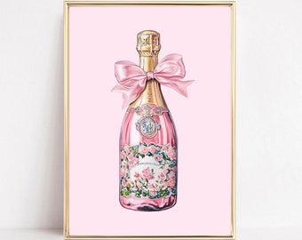 Champagne Bottle Pink Chinoiserie Bar Cart Print Champagne Wall Art Retro Cocktail Poster Coquette Room Decor Girly Preppy Digital Prints