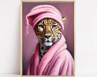 Leopard In A Bathrobe Wall Art Print Fashion Leopard Portrait Funny Animal Bathroom Poster Maximalist Eclectic Fashionista Leopard Aesthetic