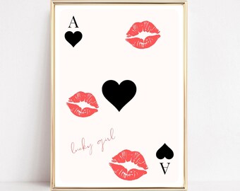 Väggkonsttryck med Lucky Girl-syndromet, kyssar, poster med hjärter ess, nedladdning, preppy rumsdekor, hjärter ess-tryck, trendig retrokonst