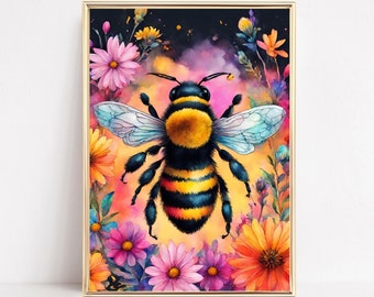 Bumble Bee Wall Art Print Botanical Bee Printable Poster Floral Bee Illustration Honey Bee Print Colorful Bumble Bee Nature Wall Decor