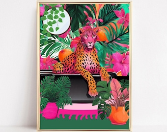 Leopard In a Bath Art Print, Botanical Bathroom Wall Art, Tropical Bathroom Safari Printable, Animal Bathtub Art, Maximalist Eclectic Decor