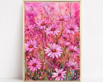 Colorful Daisy Wall Art Print Daisy Flower Wall Art Boho Floral Illustration Pink Aesthetics Print Girls Room Decor Printable Wall Art