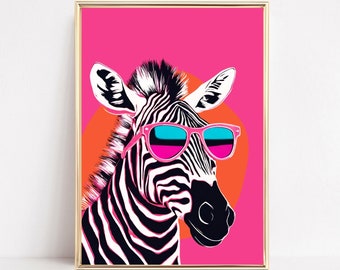 Pink Zebra Wall Art Print, Zebra With Glasses Poster, Safari Animal Art, Fun Prints, Animal Gallery Wall Art, PRINTABLE, Funky Eclectic Art