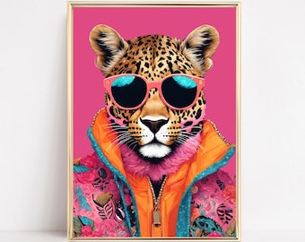 Leopard Fashion Wall Art Print Funky Leopard Portrait Painting Leopard Artwork Preppy Room Decor Maximalist Apartment Aesthetic Digital Art