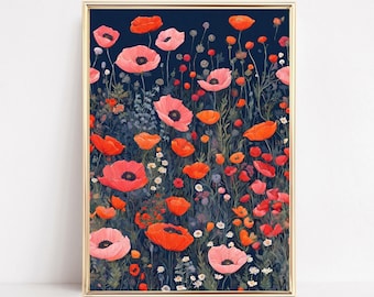 Poppy Wall Art Print Red Poppies Download Red Poppy Poster Printable Retro Poppy Wildflowers Botanical Print Vintage Poppy Wall Art