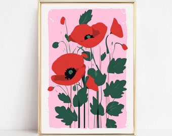 Poppy Flowers Botanical Art Print Poppies Abstract Wall Art Vintage Flowers Print Poppies Painting Dopamine Decor Digital Download Printable