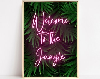 Willkommen im Dschungel, Art Print, Pink Neon Wandkunst, 80er Jahre Rock Musik Poster, Typografie Zitat, Sofort Download, Neon Schild, Preppy Wall Print