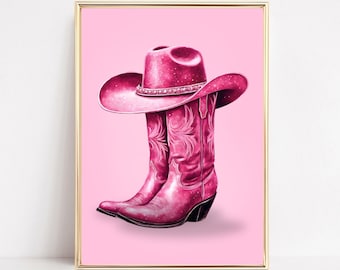 Pink Cowgirl Boots Print Coastal Cowgirl Wall Art Preppy Western PRINTABLE  Retro Cowgirl Boots & Hat Preppy Western Poster Cowboy Aesthetic