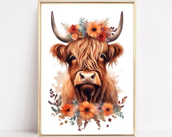 Colorful Floral Highland Cow Animal Print Highland Cow Wall Art Print Highland Cow Art Watercolor Animal Illustration Farm Animal Printable