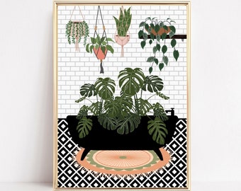 Bad badkamer kunst aan de muur, badkamer plant kunst wordt afgedrukt, groene badkamer decor, poster botanisch bad, badkamer printables, groene muur kunst