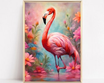 May include: A pink flamingo stands in a shallow pool of water, surrounded by colorful flowers. The flamingo is painted in a realistic style, with detailed feathers and a long, elegant neck.