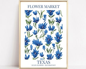 Texas Bluebonnet Flower Market Print Texas State Flower Wall Art Texas Botanical Poster Digital Download Blue Wildflower Decor Travel Poster