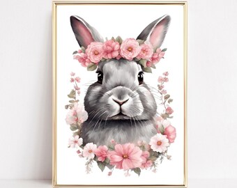 Impressões de arte de berçário de coelho floral, arte de berçário de meninas da floresta de coelho, impressão de berçário de coelho, pôsteres de quarto de meninas, presentes para bebês