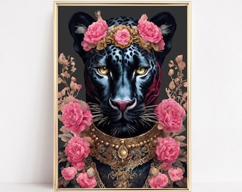 Fashion Panther Portrait Print Bold Eclectic Fashionista Panther Poster Black Leopard Animal Portrait Maximalist Animal Art Floral Panther