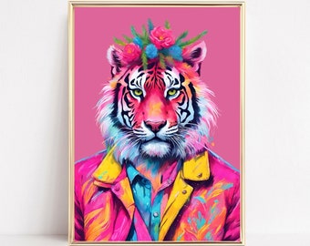 Fashion Animal Portrait Art Print Colorful Tiger Wall Art Funky Leopard Poster Tiger Altered Illustration Funky Hipster Animal Preppy Art