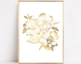 Botanical Art Print, Flower Wall Art, Gold Floral Art, Gold Wall Decor, Boho Flowers Poster, Vintage Decor, Living Room Prints, Cottage Core