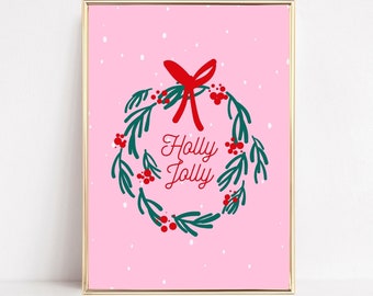 Holly Jolly Christmas Art Print, Christmas Wall Art, Festive Pink Christmas Print, Funky Retro Xmas Poster, Christmas Gifts, Xmas Decor
