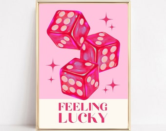 Feeling Lucky Dice Poster, Lucky Dice Wall Art, Hot Pink Apartment Decor, Lucky You Poster, Eclectic Wall Prints, Bar Kitchen Art, Printable