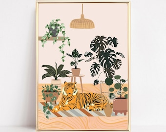 Tiger Art Print, Animal Wall Art, Tiger and Plants, Tiger Wall Art, Boho Botanical Tiger Print, PRINTABLE ART, Tropical Decor, Plant Art